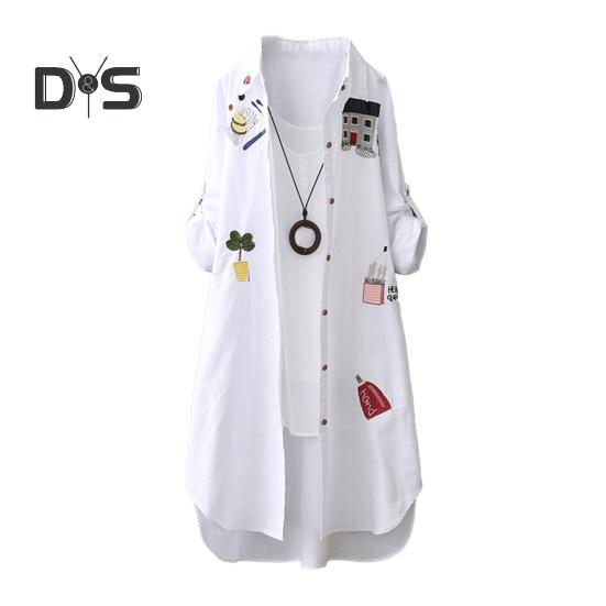 

Женский весенний топ с вышивкой в виде мультфильма, свободный, неровный подол, однотонный, отложной воротник, однобортный, защита от солнца, мягкий, дышащий, длинные рукава, средняя длина XL белый