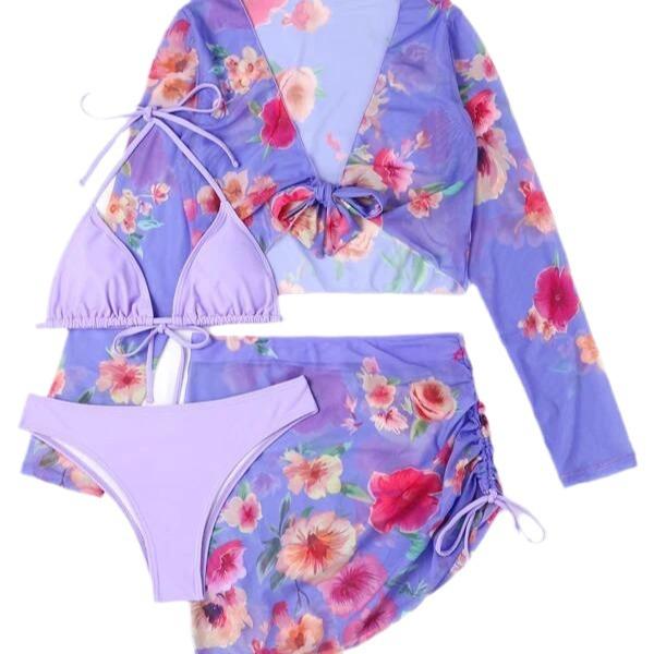 

2024 European & American Stylish Four-Piece Swimsuit Set: Split Print with Mesh Long Sleeves M помаранчевий