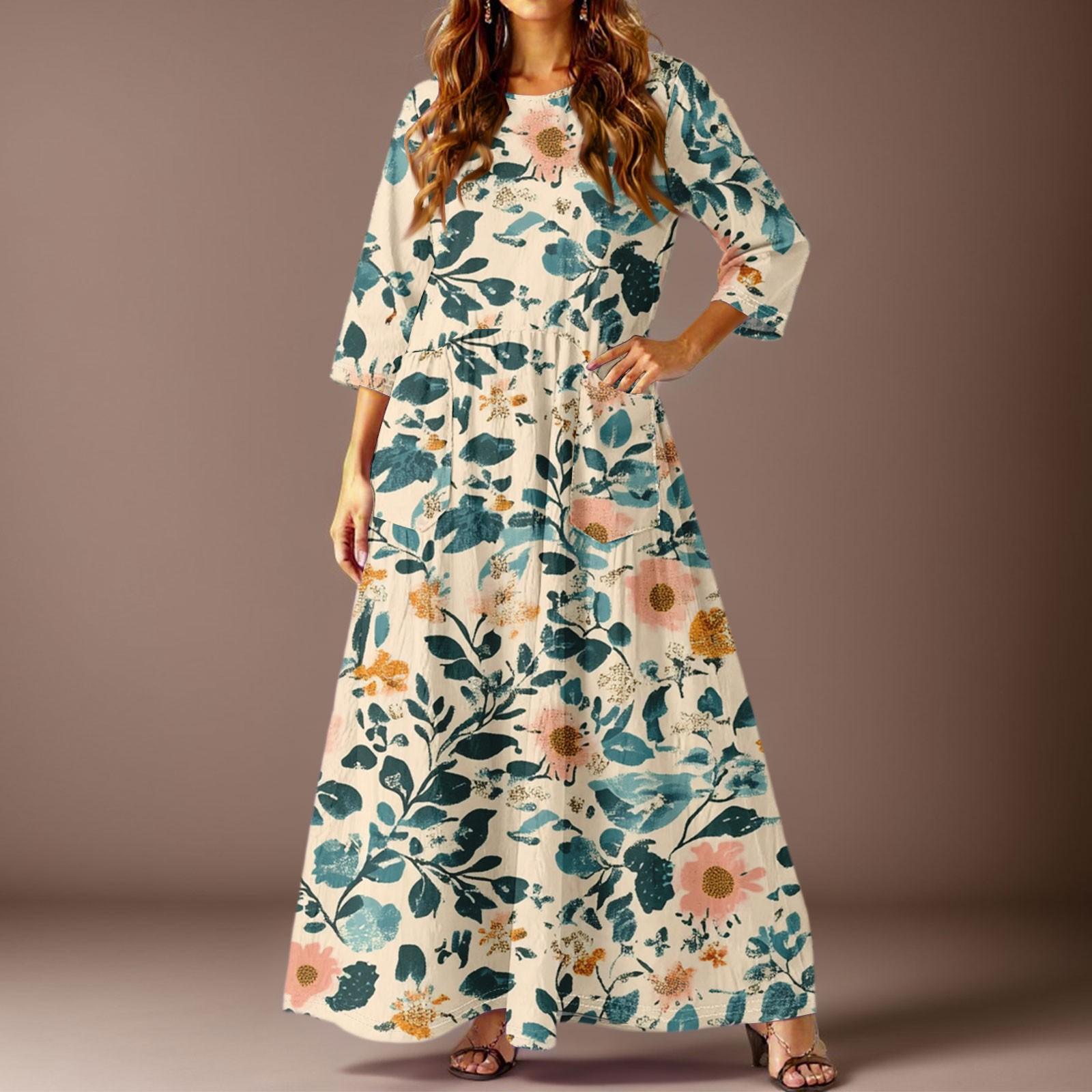 

Жіноча повсякденна модна сукня максі з квітковим принтом, рукавом три чверті та кишенями XXL зелений