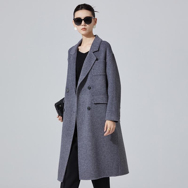2024 Autumn/Winter Women's Mid-Length Double-Breasted Wool Coat - Versatile Solid Color Commuter Outerwear