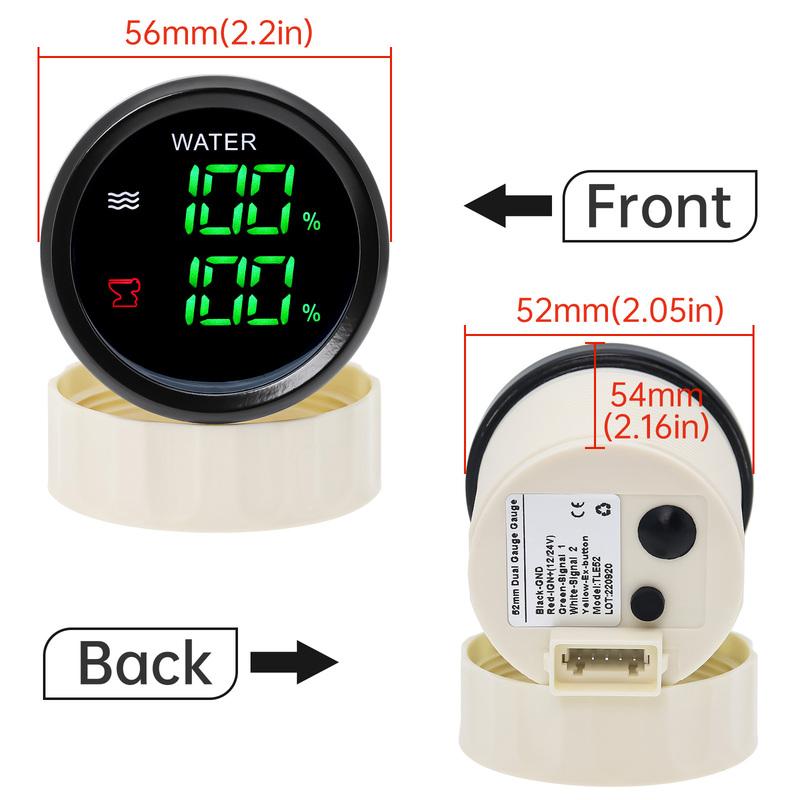 52mm 2in1 Gauge Digital Fuel Level Water Level Gauge With Alarm Water Temp Holding Tank Level Gauge Voltmeter for Car Boat Yach