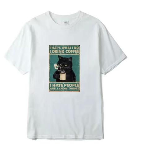 Unisexs Tshirt High Quality Cotton Blend Funny Cat Drinking Coffee Printing Summer Casual Cool Loose Unisex Oneck Tshirt Male Tops