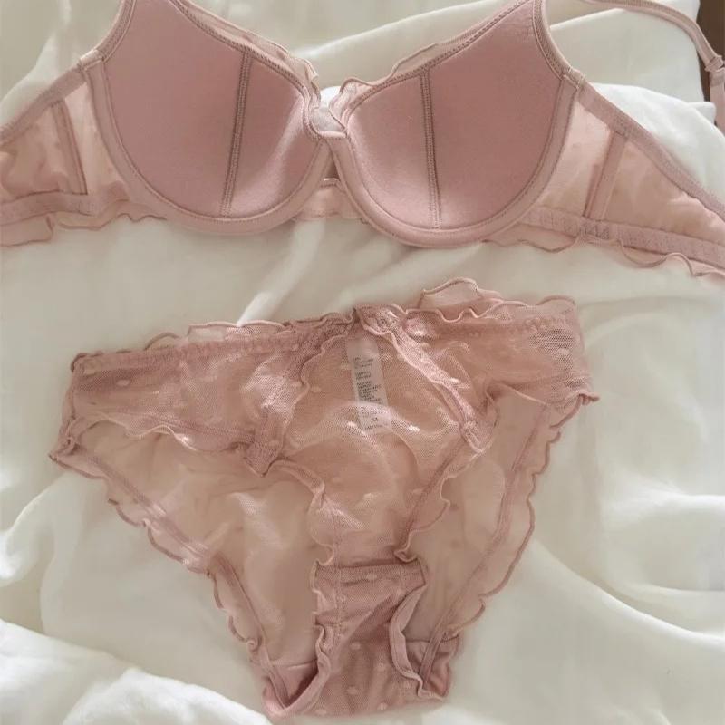 French Lace Women Underwear Sexy Hollow Thin Cup Push Up Bra Fashion Ladies Romantic Lingerie 4 Color Bras With Mesh Panties Set