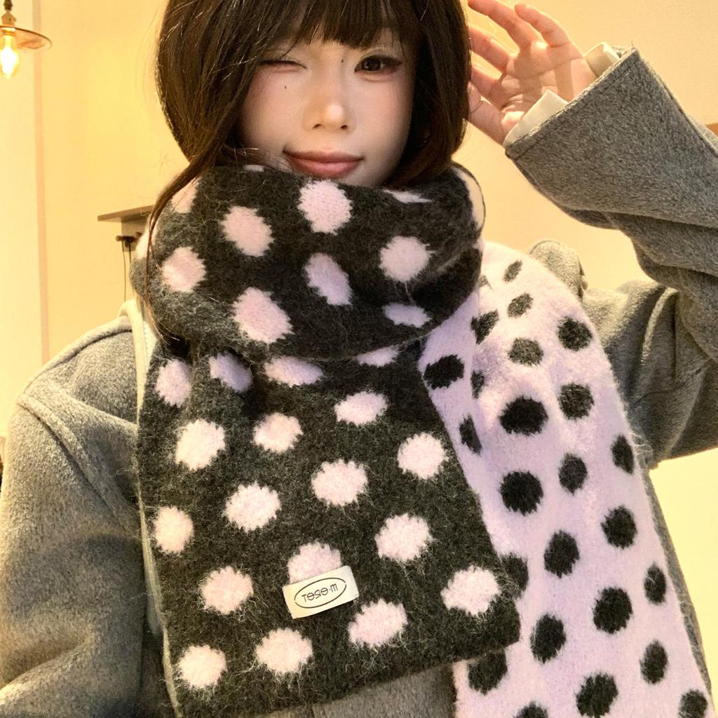 Korean Double-sided Knitted Scarf with Large Wave Dots, Women's Autumn and Winter Literary Sense, Warm and Cold-proof Scarf, Lazy Wind