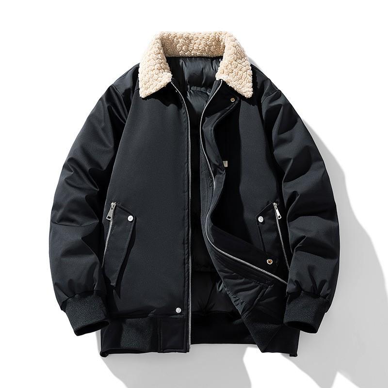 Warm Fleece-Lined Cotton Puffer Jacket Winter Unisex Oversized Loose Fit With Turn-Down Collar Black Beige Caramel Olive