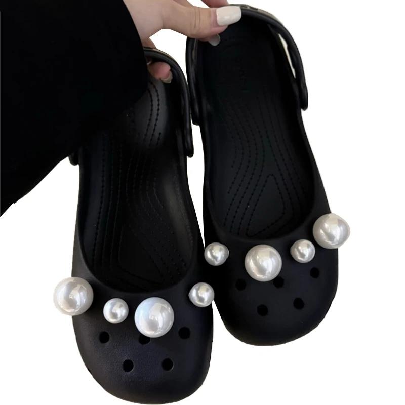 Pearl Bow & Polka Dot Shoe Charms Set, Elegant Black & White Floral Decorations with Rhinestone, Luxury Shoe Accessories