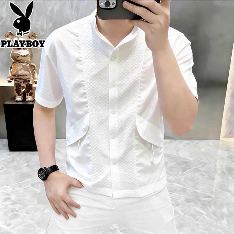 Playboy Men s Summer Stand-Up Collar Short-Sleeve Pocket Shirt 3XL