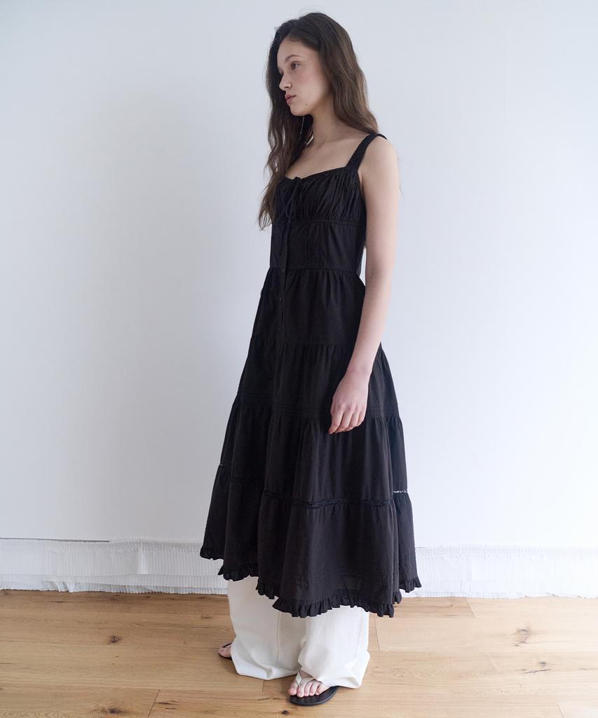 Lora Lora Peasant Shirring Long One Piece Black