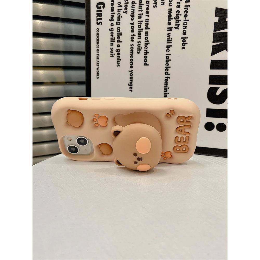Lovely 3D Bear Hidden Holder Stand Silicone Phone Case For iPhone 11 12 13 14 15 16 Pro Max XS XR X 7 8 Plus Cute Girl Cover