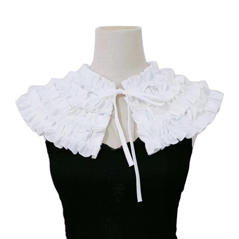 Women Renaissance Detachable False Collar Shawl Scarf French Style Elegant Tiered Ruffle Capelet Ribbon Tie Up Boleros