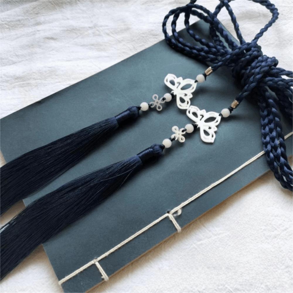 Vintage Handwoven Hanfu Waist Tie Belt Chinese Style Traditional Tassel Waist Cord Butterfly Pendant Waist Rope for Men Women