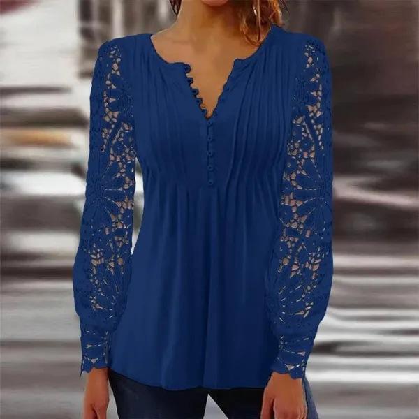 Spring and Autumn Women's Blouse Fashion Lace Sleeve Pressure Pleat Solid Color Button Long Sleeve Top