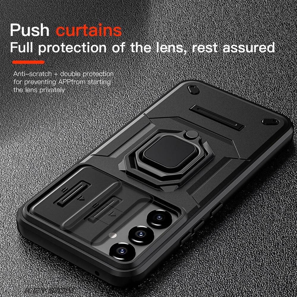 KEYSION Shockproof Case for Samsung A54 5G A34 A24 A14 Slide Camera Lens Protection Ring Stand Phone Cover for Samsung A14 LTE