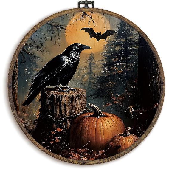 KFXHANGD Halloween Fall Raven Round Wall Art Framed, Gothic Crow Pumpkin Canvas Wall Art Decor, Halloween Fall Hanging Decor for Kitchen Bedroom