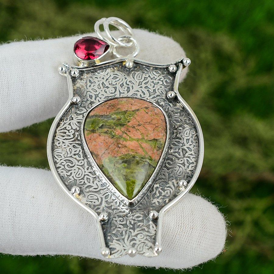 Friendship Day Sale Unakite Gemstone Rubillite Sterling Silver Birthday Pendant