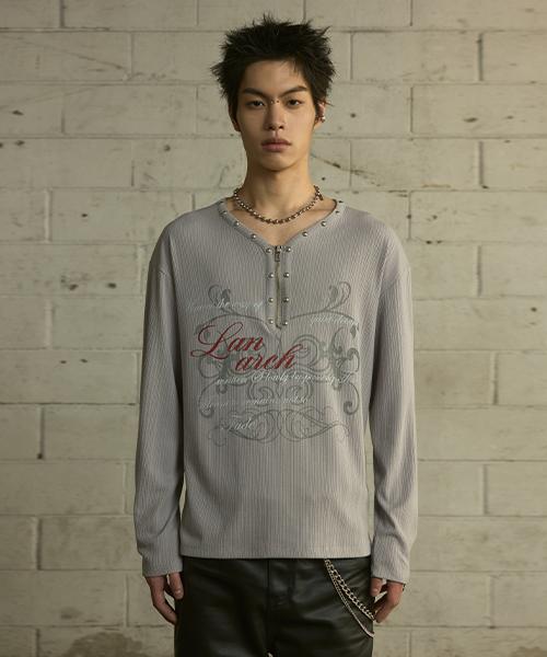 LANARCHIVE [0108] Rivet Henley Neck Zipper Long Sleeve - Gray