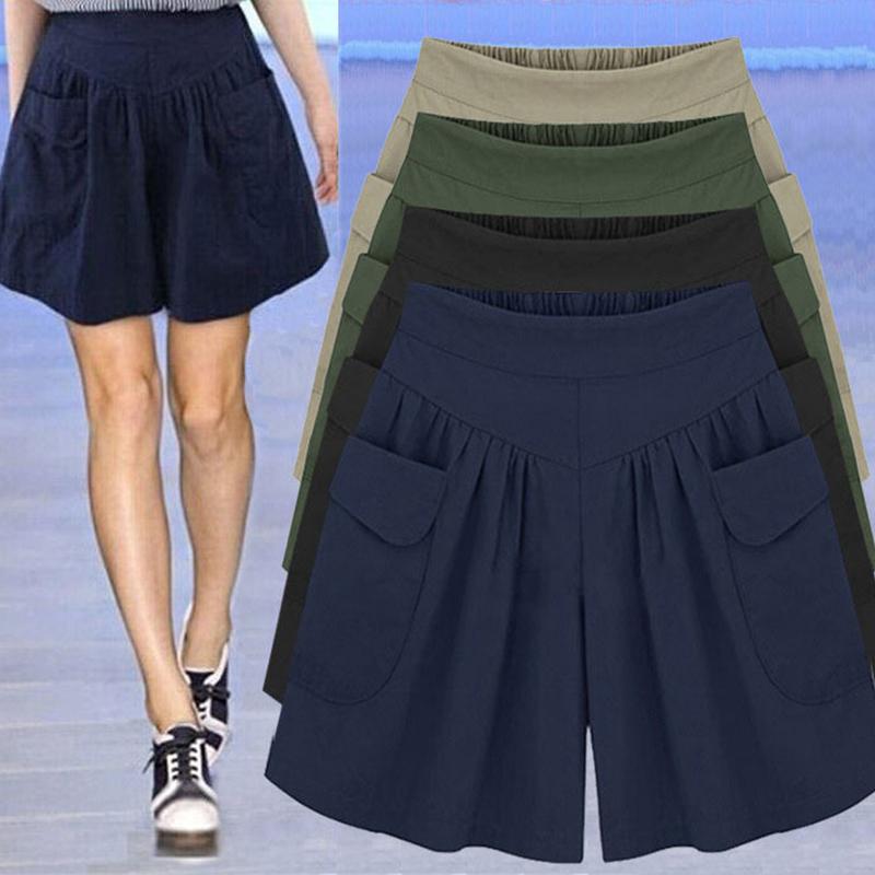 Women Fashion Summer Loose Casual Shorts Elastic Waist Beach Shorts Solid Color Breathable Wide Legs Pants