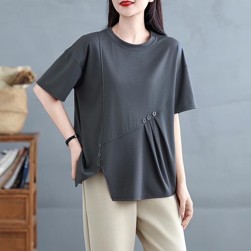 Dimanaf 2025 Summer Plus Size Tops Cotton O-Neck T-Shirt Solid Asymmetrical Women Short Sleeve Loose Tees