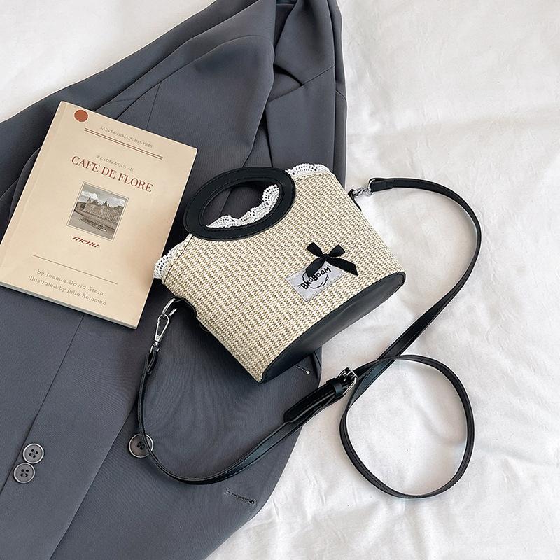 

Милый бант портативная сумка-ведро новая мода литературная кружевная кромка контрастного цвета универсальная на плечо сумка-мессенджер