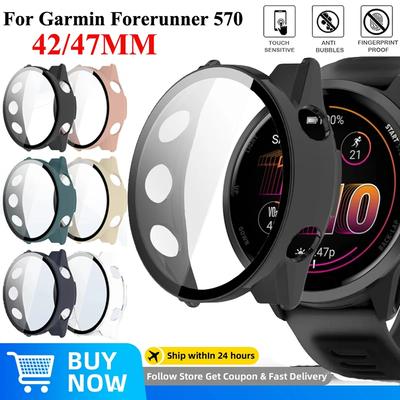 Vetro Temperato+Custodia Protettiva per Schermo Per Garmin Forerunner 570 47mm Custodia in PC HD Antigraffio Per Garmin Forerunner 570 42mm 47mm