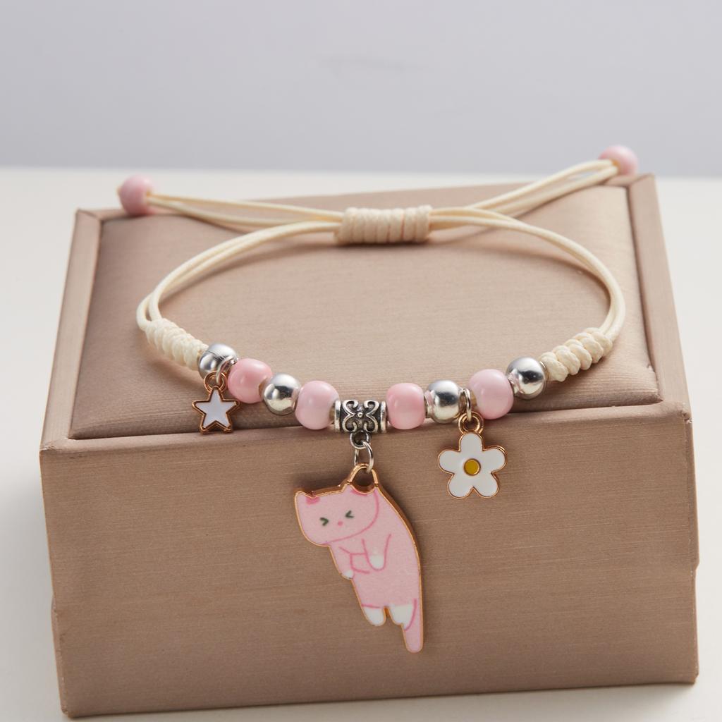 Cartoon Enamel Animal Cat Flower Bracelet for Girl Kids Women Charm Pet Pendant Strap Rope Bracelets Handmade Friendship Jewelry