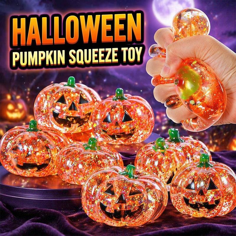 Halloween Stress Relief Glitter Pumpkin Toy Soft Squeezable Toy for Kids Classroom Rewards Halloween Party Props
