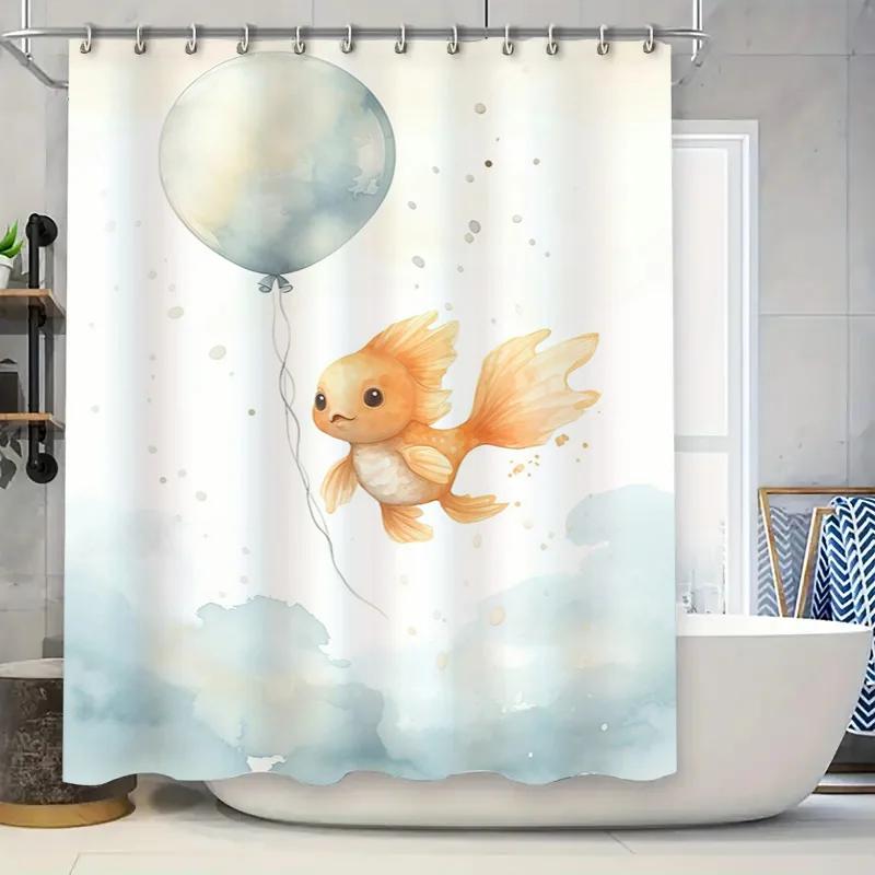 

Charming Fish Balloon Shower Curtain Set For Bathroom Decor Watercolor Style Fabric Bath Towel Yellow Blue Colorway W60H190(CM)-1 Pcs