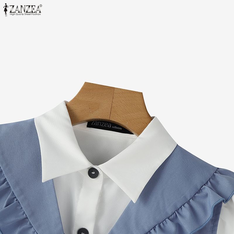 ZANZEA Blusa Casual Clásica de Cuello Suelta con Mangas Largas y Patchwork para Mujer