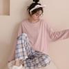 Women's Contrast Plaid Pajamas: Long Sleeve, Round Neck, Casual Loose Pants, Perfect for Spring and Autumn, Suitable for Home or Outdoor Wear.