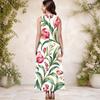 Women Plus Size Round Neck Sleeveless White Blue Floral Printed A Line Maxi Dress With Side Pockets