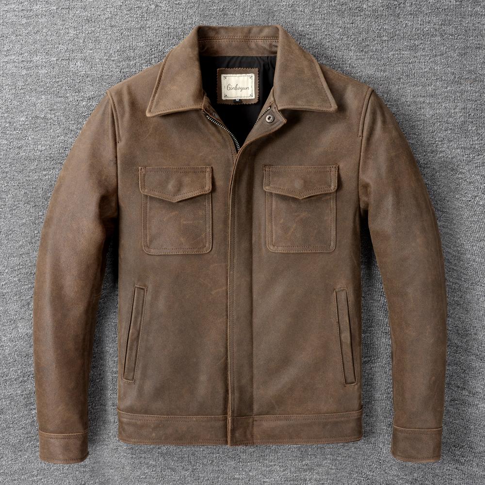 

Необработанная натуральная коровья мужская кожаная куртка приталенного кроя с мягким отложным воротником Мужской натуральный кожаный плащ из коровьей кожи Весна Осень M дубильная кора
