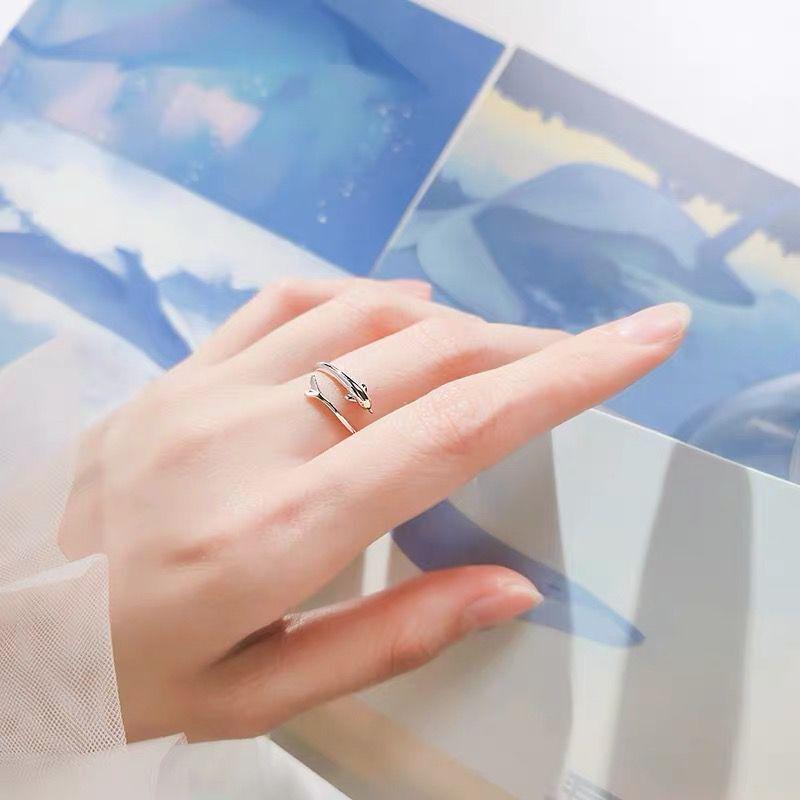 Anello - Anello Donna Pesce Oceanico Superficie Liscia - Ragazza Delfino Piccolo Bocca Aperta Decorazione Mano