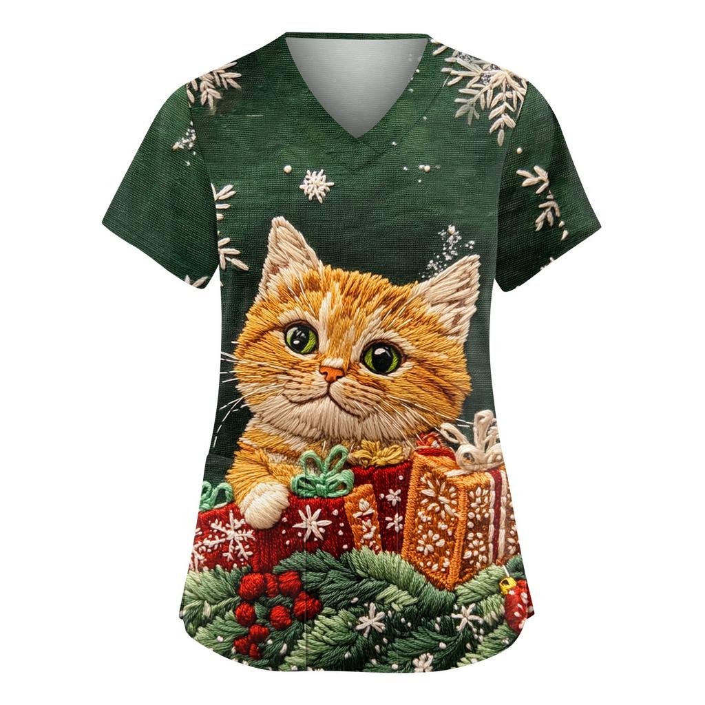 Women's Fashionable V-neck Workwear Christmas Printed Short Sleeved Pocket Side Slit Workwear Basic Pullover Top