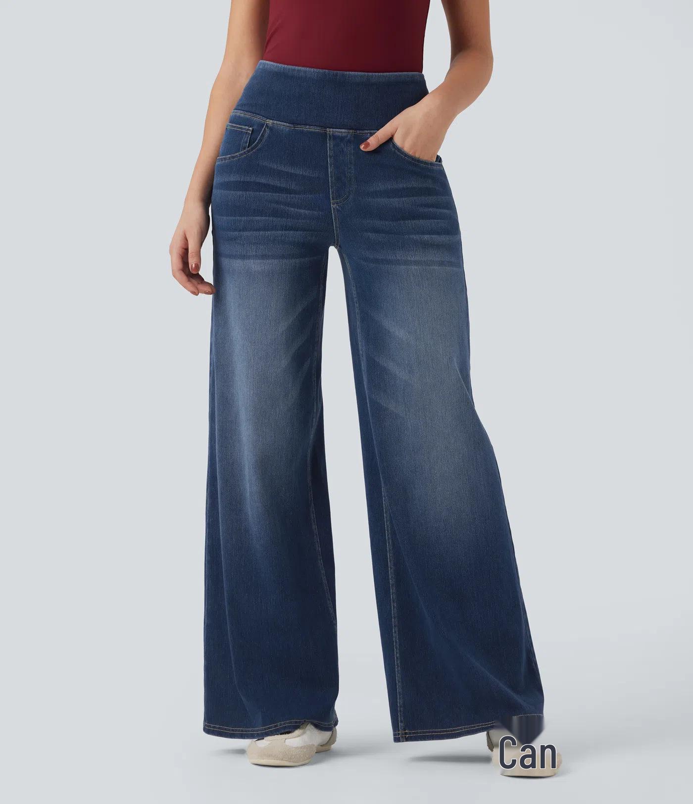 

European/American High-Waisted Ripped Yoga Jeans: Women s Cross-Border, High-Stretch, Loose Pockets, Wide-Leg, Slimming & Casual Extra Large темно-синий