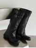 Square boots, stacked black locomotive boots, fashionable new pleated thick heels, trousers, belt buckle, long boots for women