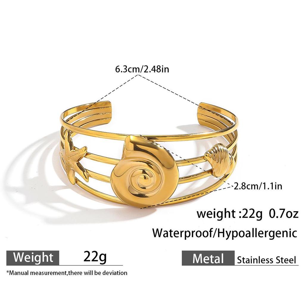 European & American Ocean Style Stainless Steel Bracelet with Starfish, Seashell, Coral Flowers, and Natural Stone Bangle Hand Jewelry.