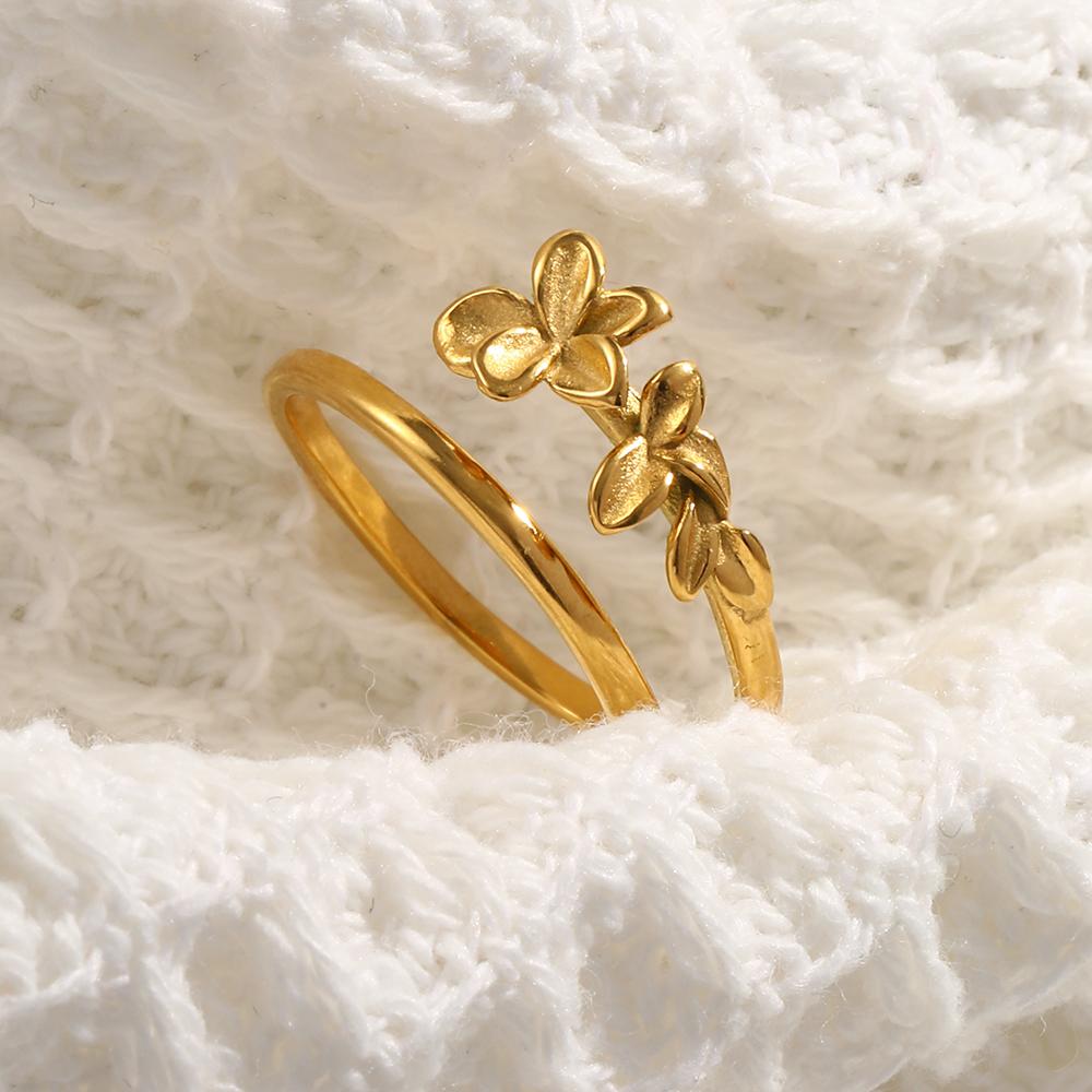 MamacitaSlay Elegant Frangipani Double Layer Gold Plated Rings Women's Waterproof Jewelry Party Simple High Quality Ring Gift
