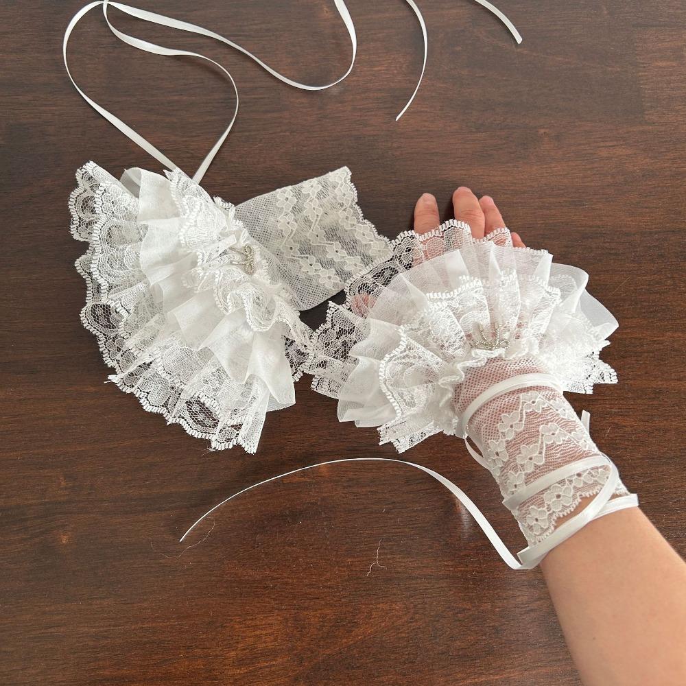 Elegant Lace Fingerless Oversleeve Sleeves Ruffled Wrist Cuffs Strappy Bow Gloves  Gothic