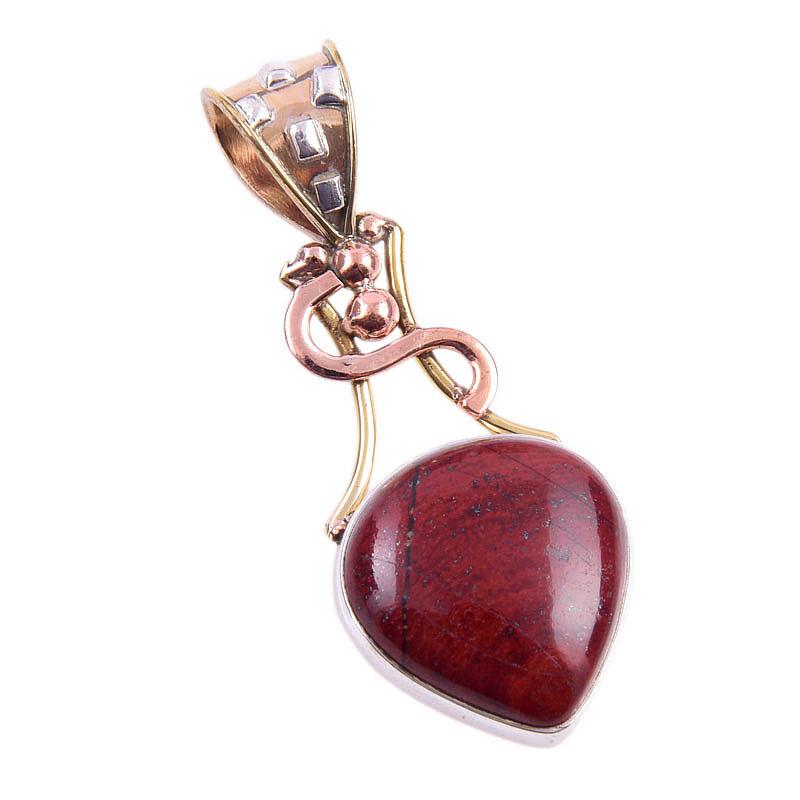 Pendentif bicolore en argent sterling 925 massif avec pierre précieuse naturelle de jaspe rouge, 3,8 cm, q4P83