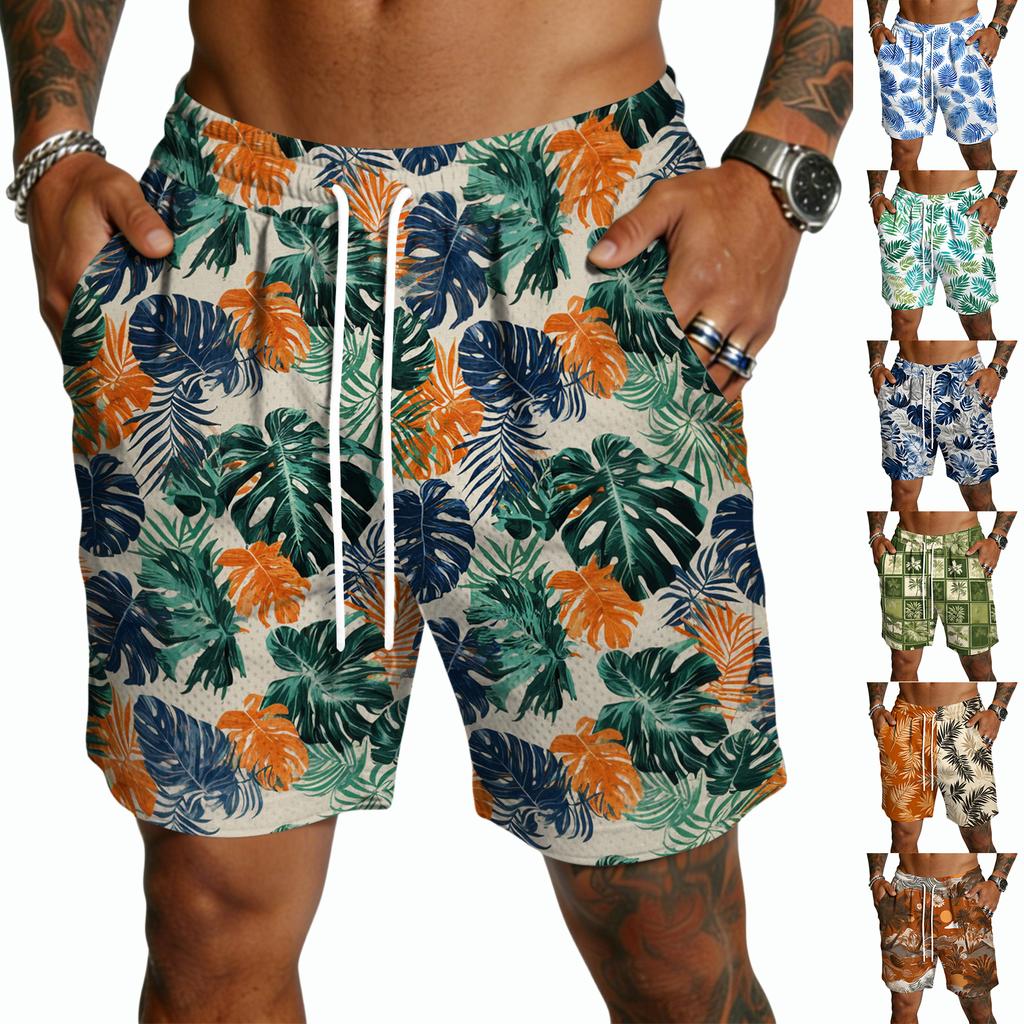 Herren Freizeitshorts mit Kordelzug Leichte Schnelltrocknende Fünf-Punkt-Länge Hawaiianischer Print Sommer Strandmode Badeshorts
