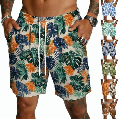 Men's Casual Drawstring Shorts Lightweight Quick Dry Five-Point Length Hawaiian Print Summer Beachwear Swim Trunks