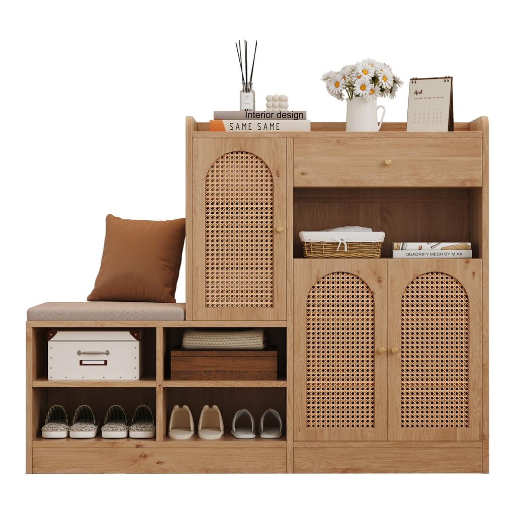 Schuhschrank mit gepolsterter Bank, 3 geflochtene Rattan-Türen und 1 Schublade, Aufbewahrungsschrank mit Schuhregal für Flur, Holzoptik, B142xT35xH110 cm