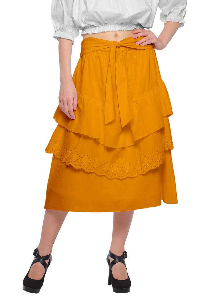 Moomaya Solid Cotton Skirts For Women Knee Length With Lace Belt Ruffle