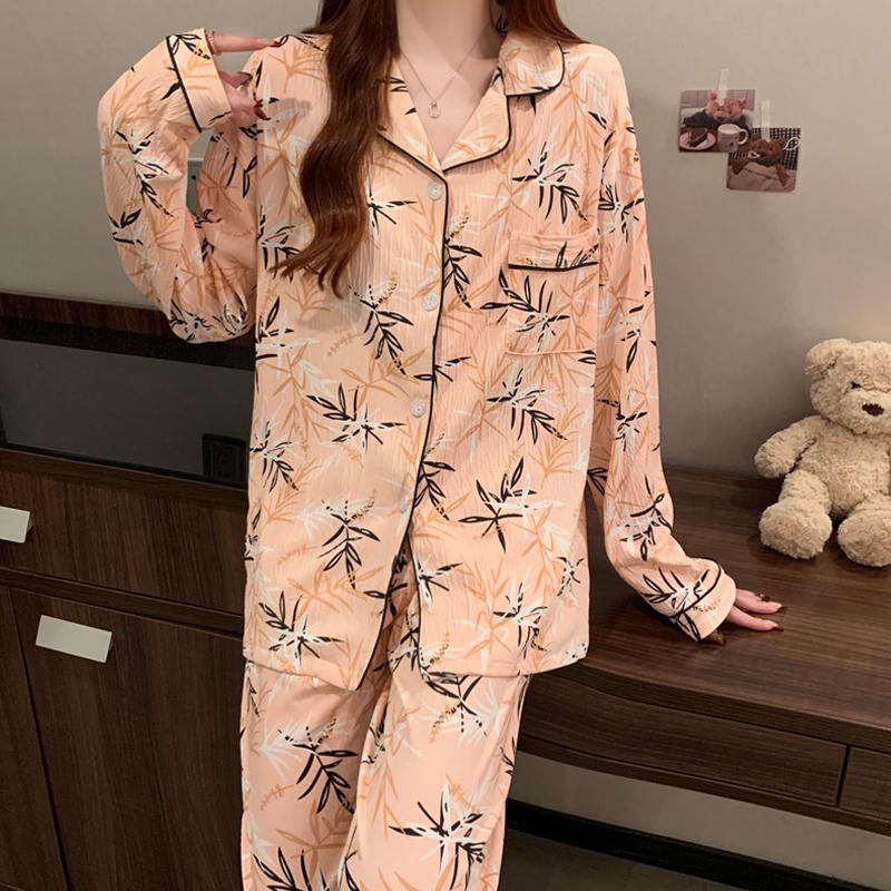 

Ink Bamboo Print Fashion Women s Pajamas Set Chinese Style Vintage Two Pieces Set Sleepwear Autumn Winter Casual Pajamas XXL