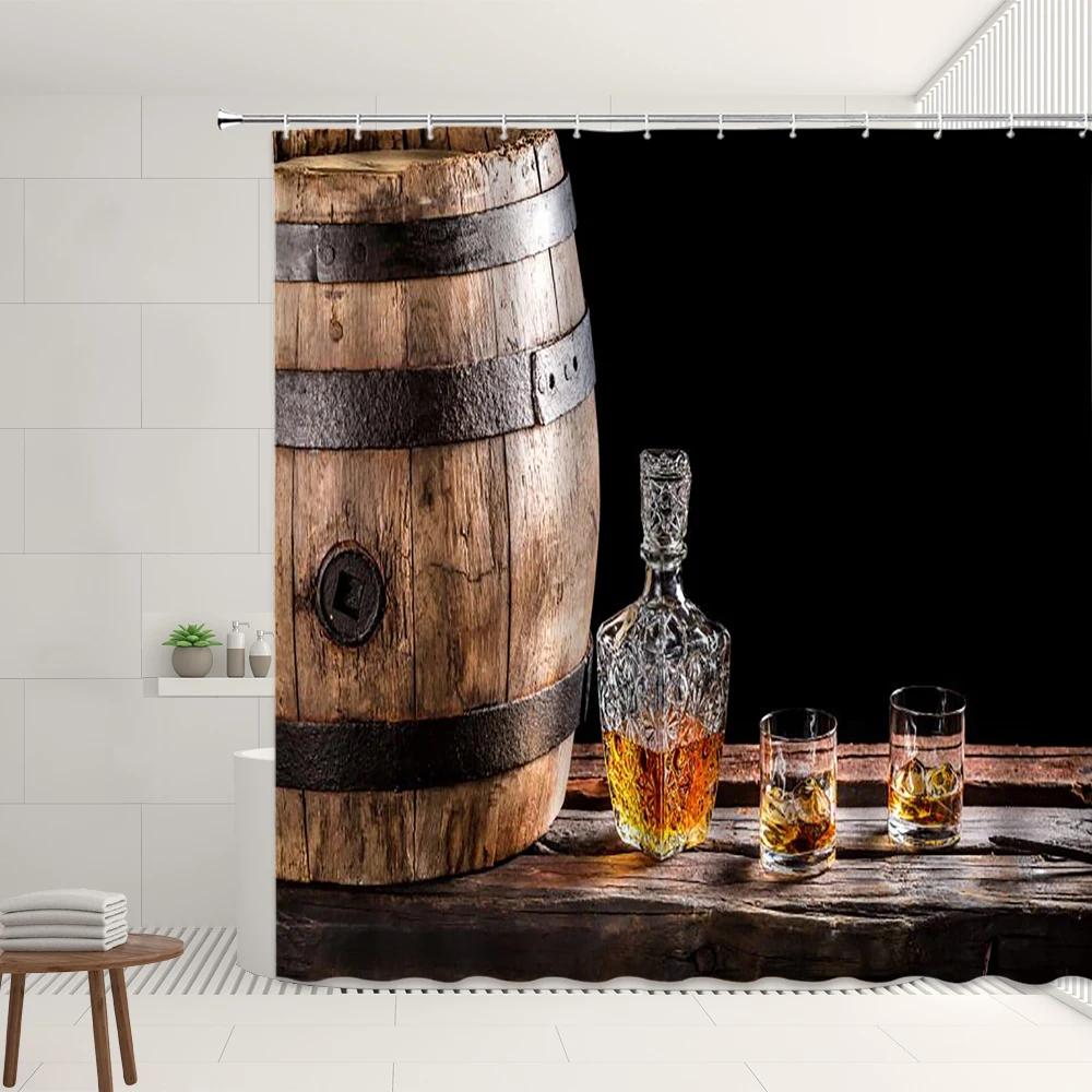 

Wooden Wine Barrel Printed Shower Curtain Old Retro Wood Grain Red Wine Glass Bath Curtains With Hooks Bathroom Bathtub Decor W60H190(CM)-1 Pcs