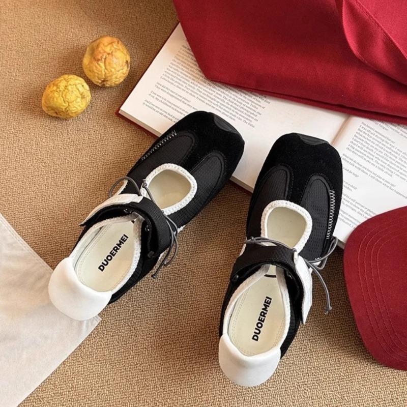 Fashion Ladies Casual Shoes Soft Leather Sports Mary Jane Shoes Women Square Toe Color Blocked Hollow Velcro Ballet Single Shoes