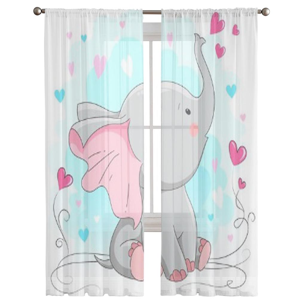 Söt Baby Elefant Med Hjärtan Skir Gardin För Vardagsrum Modern Voile Tüll Fönstergardiner För Sovrum Kök Draperier