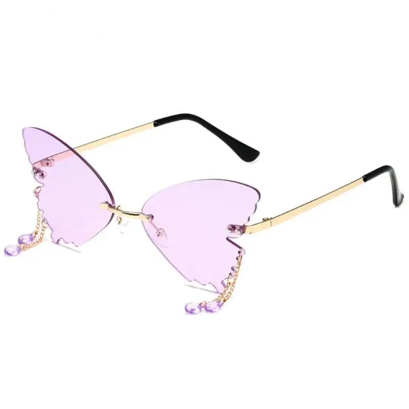 Butterfly Shape Sunglasses Women Uv400 Creative Pendant Metal Rimless Shades Outdoor Travel Party Decorative Sunglasses