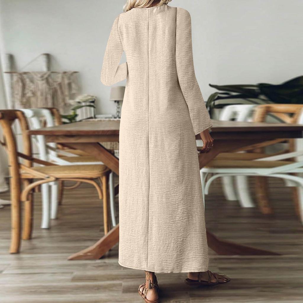 Women's Fashion V-Neck Long Sleeve Pocket Solid Color Zipper Casual Vacation Long Cotton Linen Dresses