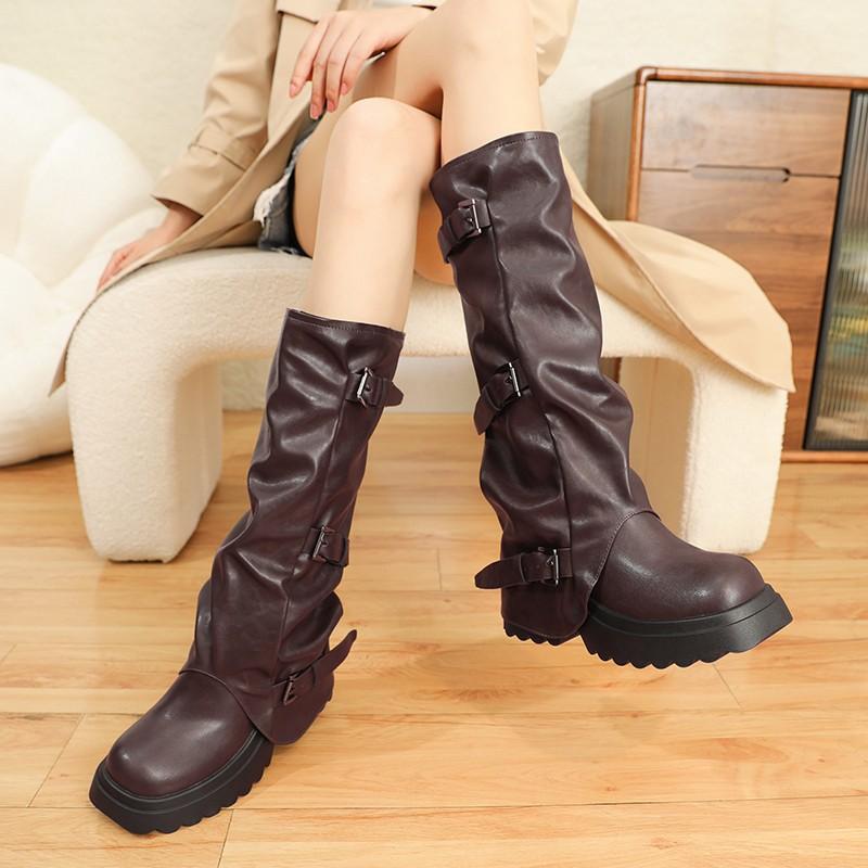 

Autumn and Winter New Platform Block Heel Mid-tube Boots Women s Round Toe Metal Buckle Platform Belt Buckle High Heel Boots 40 коричневий